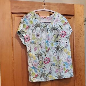 Vilagallo Tropical Floral Blouse with Pink and Green Accents